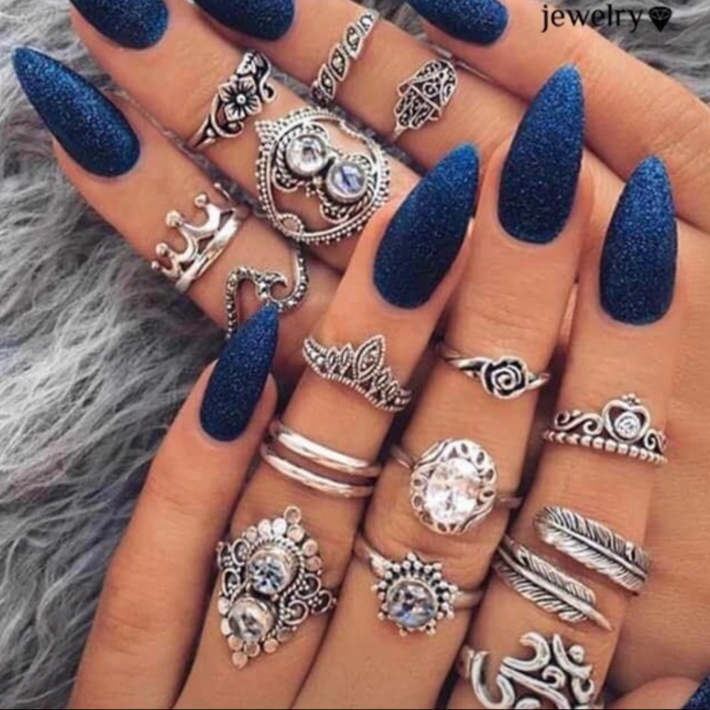Silver plated ring, mixed rhinestone set {5 piece}